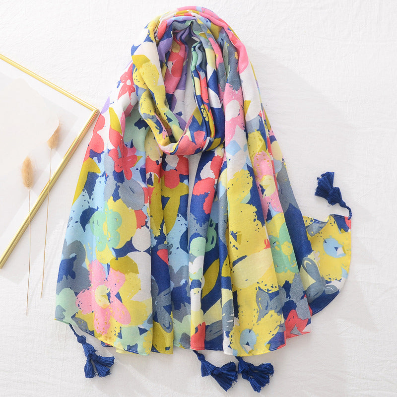Spring Scarf Pink Blue Floral Paisley Printed Scarves Women Lady Girl Cotton Linen Bohemian Scarf For Summer Beach Shawl Bandana