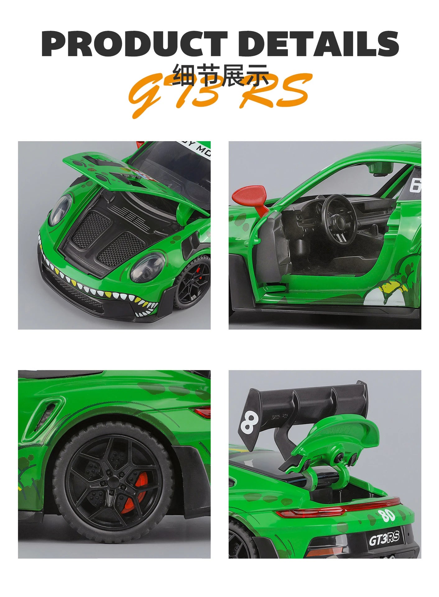 1 32 Scale 911 GT3 RS Dinosaur Modified Diecast Pull Back Model Car with Sound and Light