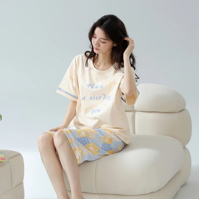 2-Pcs Women’s Cotton Pajama Set – Breathable Short Sleeve Summer Sleepwear with Cute Prints