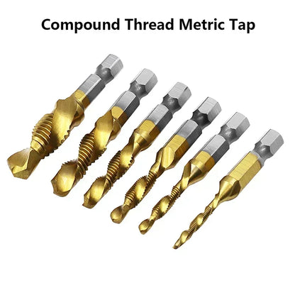 Titanium Plated Hex Shank HSS Screw Thread Metric Tap Drill Bits Screw Machine Compound M3 M4 M5 M6 M8 M10 Hand Tools