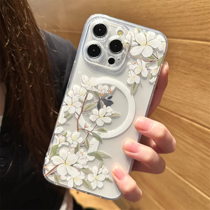 Transparent Magsafe  Flower Branch Case iPhone 16 14 15 Pro Max 15 Plus Wireless Charge Shockproof Clear Cover
