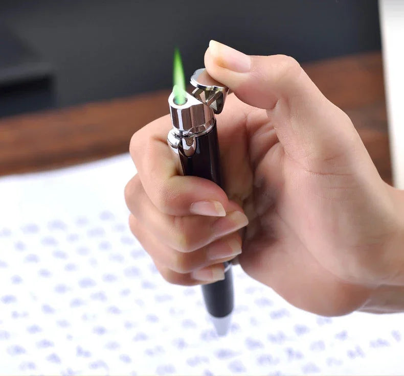 Creative Ball Pen Ligher Green Flame Torch Lighter Unusual Pen Portable Metal Butane Gas Cigarette Lighter Practical Gadget Gift