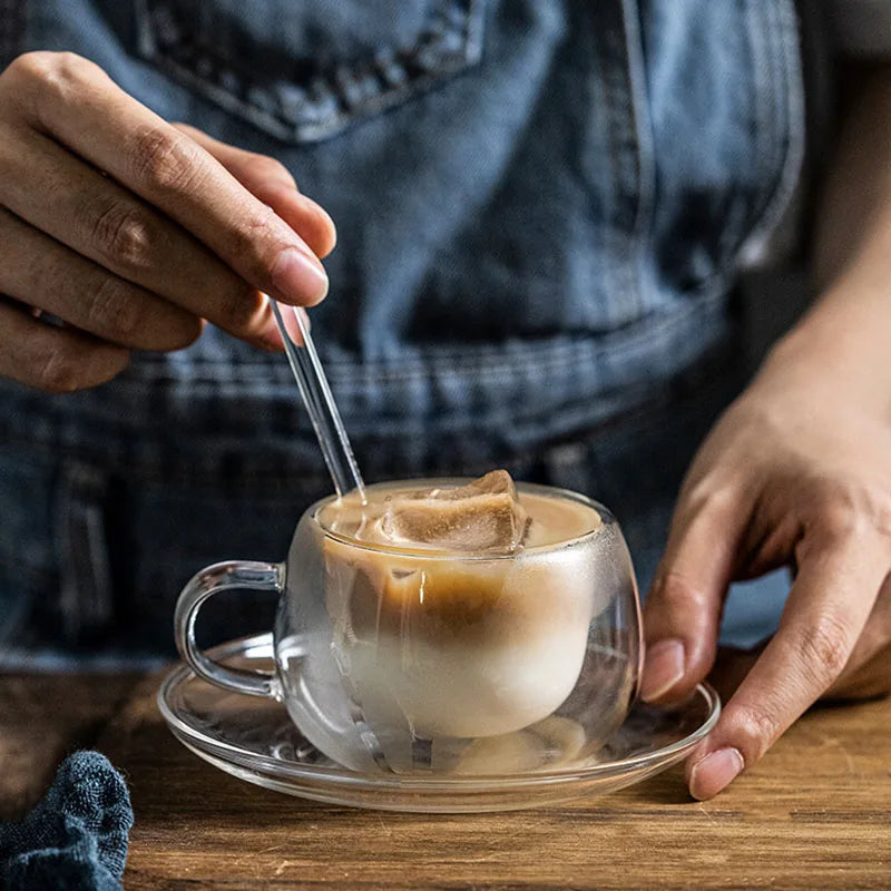 180/250ml Double Wall Glass With Dish And Spoon Clear Glass Espresso Cups Set Heat Resistant Handle Coffee Mug Drinkware