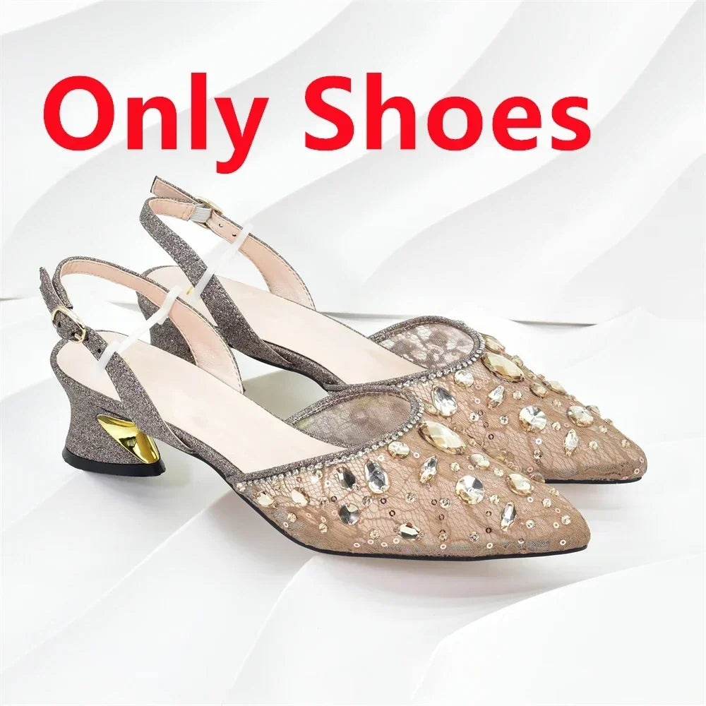 African Wedding Shoes and Bag Set with Rhinestone Italian Design Shoes with Matching Bags Nigerian Lady Party Pumps