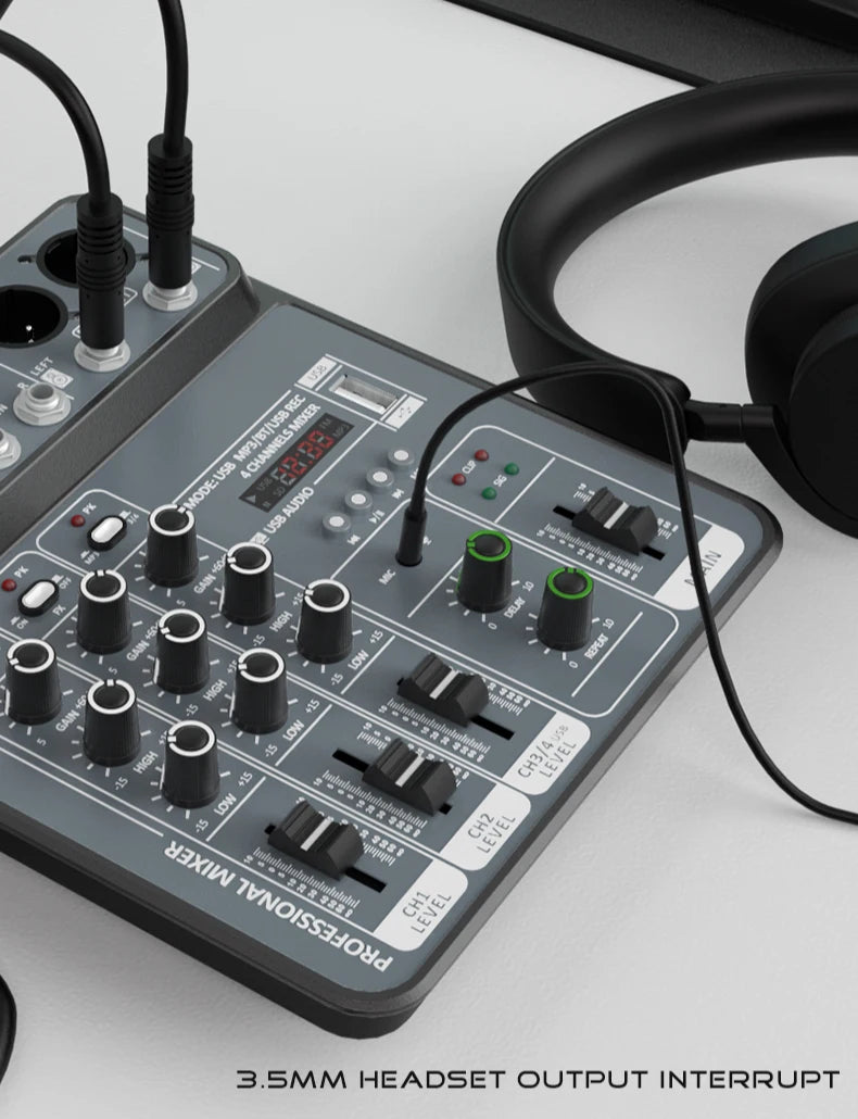 4 Channel Audio Recording Mixer With Bluetooth USB And 48V Phantom Power Light Grey