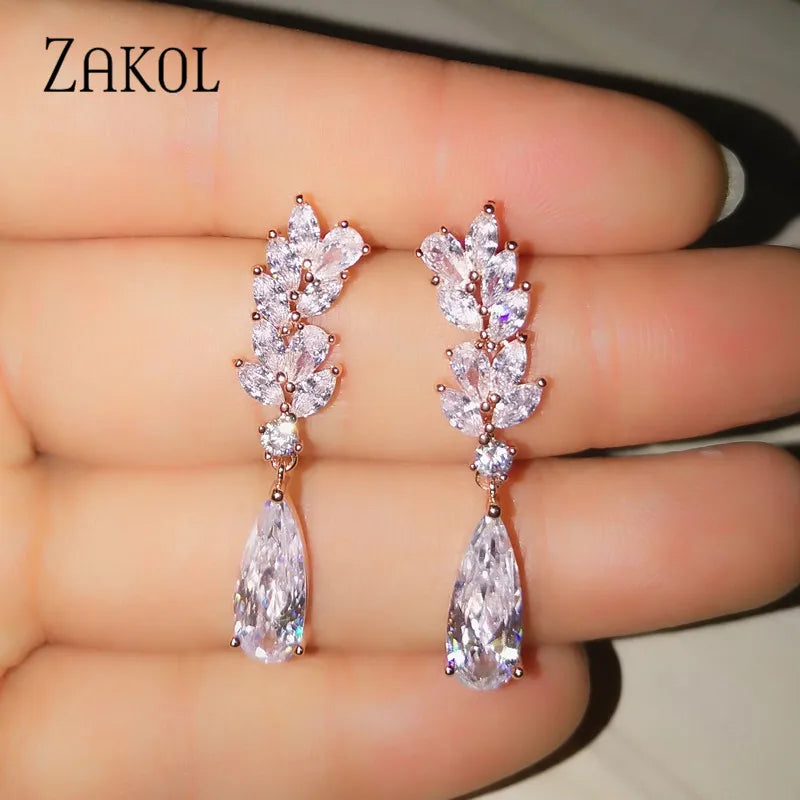 White Zircon Leaf Dangle Earrings for Women Shinny Water Drop Crystal Flower Pendant Earring