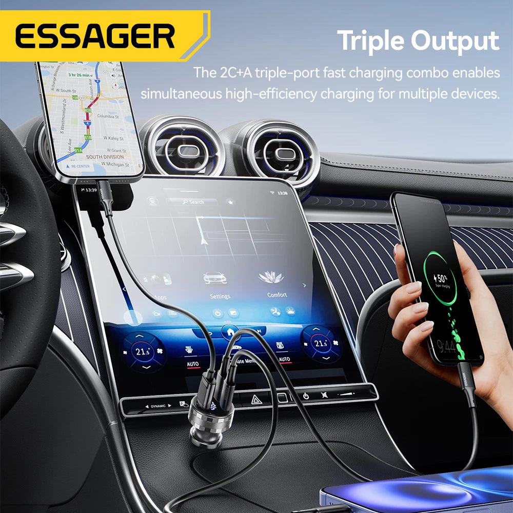 108W USB C Car Charger 3 Ports PD 3.0 Fast Charging Digital Display Dual Type C + USB Adapter