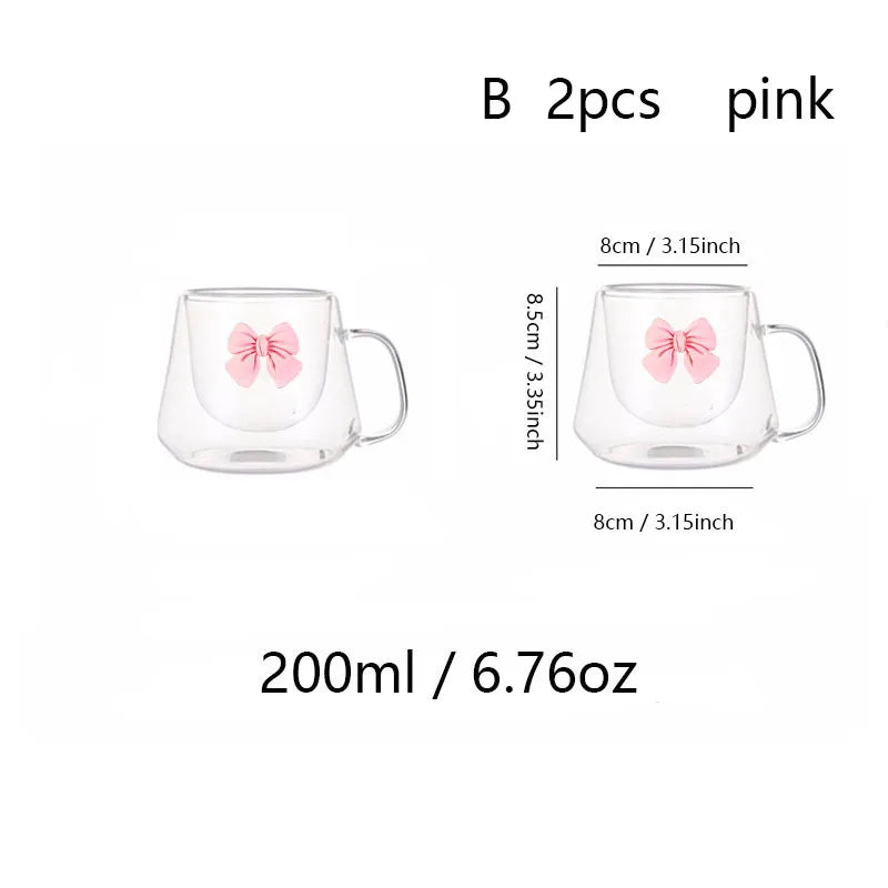 2pcs Bowknot Double Wall Glass Cup Set Coffee Mug Heat-resistant Espresso Cup Thermo Insulated Cup For Cappuccino Tea Drinkware