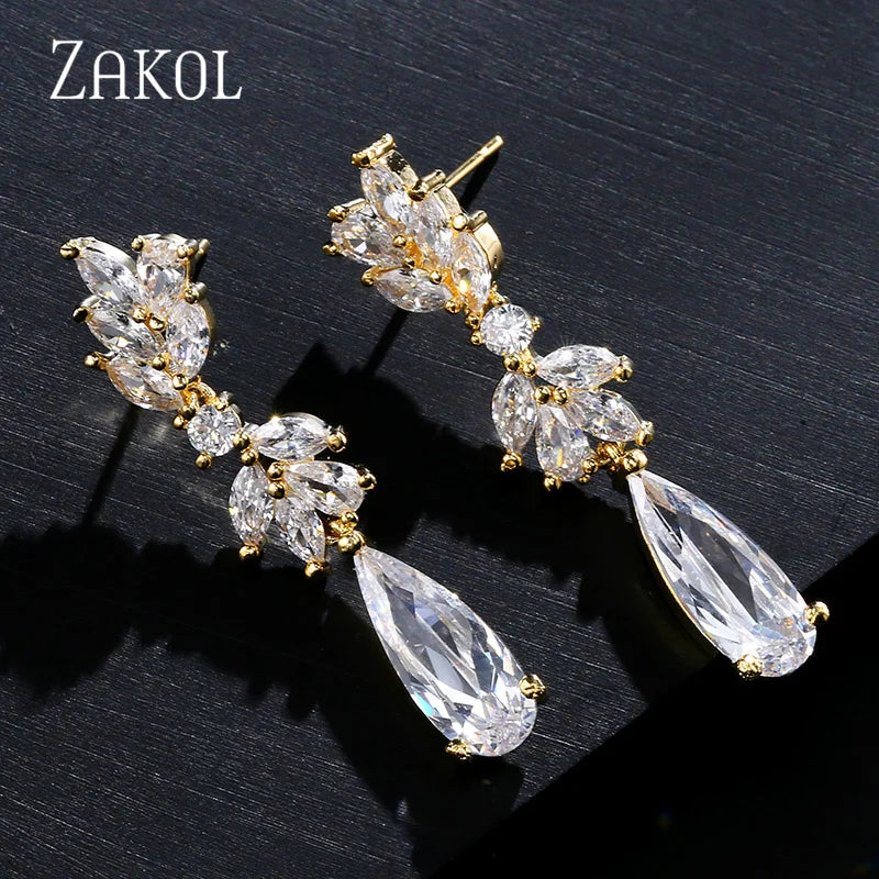 White Zircon Leaf Dangle Earrings for Women Shinny Water Drop Crystal Flower Pendant Earring