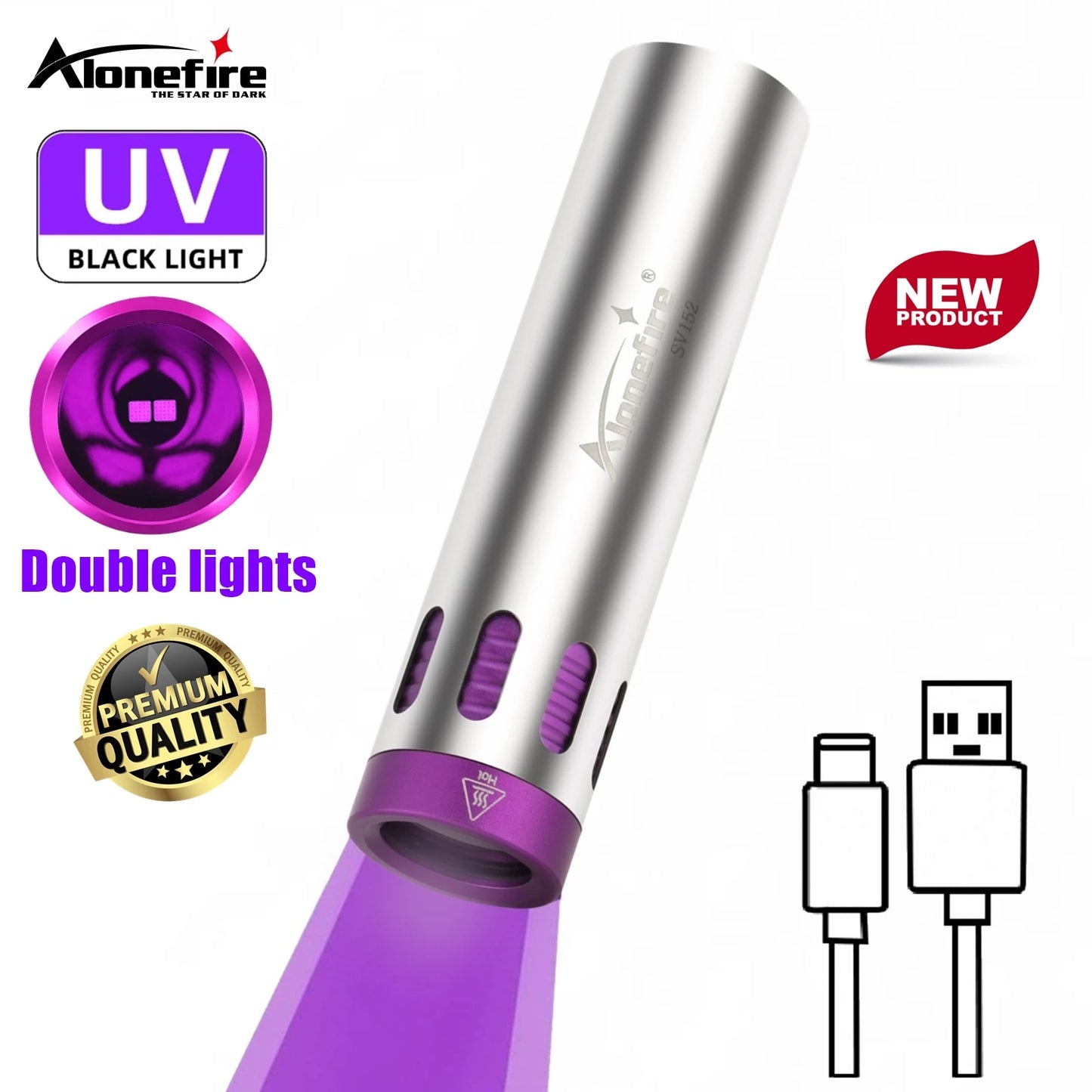10W 365nm Dual Core UV Rechargeable Blacklight Flashlight