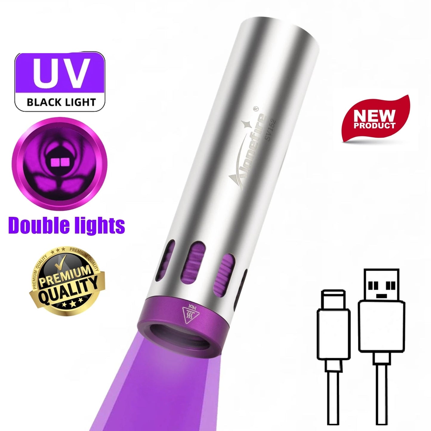 10W 365nm Dual Core UV Rechargeable Blacklight Flashlight