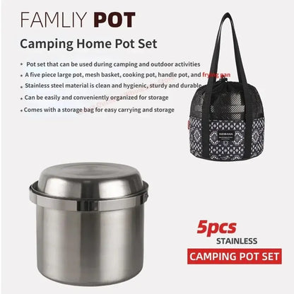 A Style Outdoor Stainless Steel 5pcs Camping Tourism Family 5L Portable Picnic Soup Frying Steaming Household