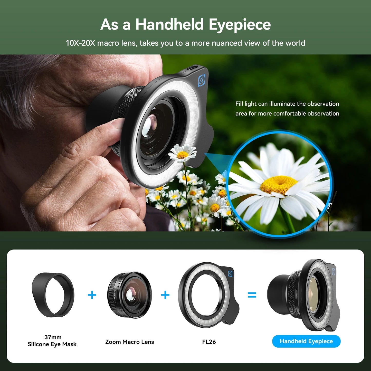 10X to 20X Zoom Macro Smartphone Lens with Fill Light
