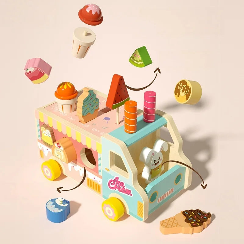 Wooden Rabbit Ice Cream Truck Shape Sorter and Pretend Play Toy