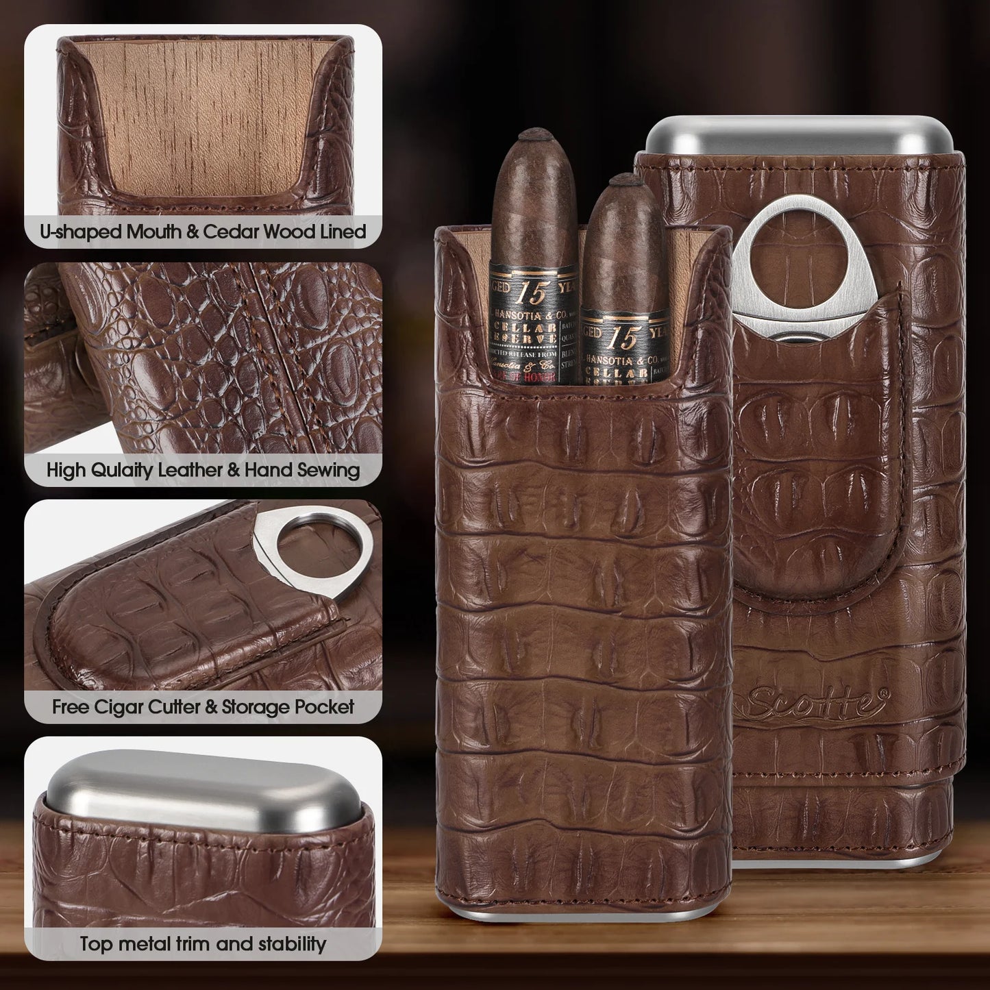 Cigar Case Leather Cigar Travel Case Cedar Wood Portable Cigar Humidor Box with Cigar Cutter Elegant Cigar Box for Men