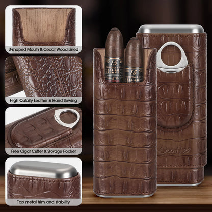 Cigar Case Leather Cigar Travel Case Cedar Wood Portable Cigar Humidor Box with Cigar Cutter Elegant Cigar Box for Men