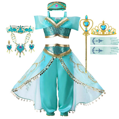 Girls Jasmine Dress Aladdin Princess Magic Lamp Carnival Birthday Clothing Vestidos Halloween Party Cosplay Costume