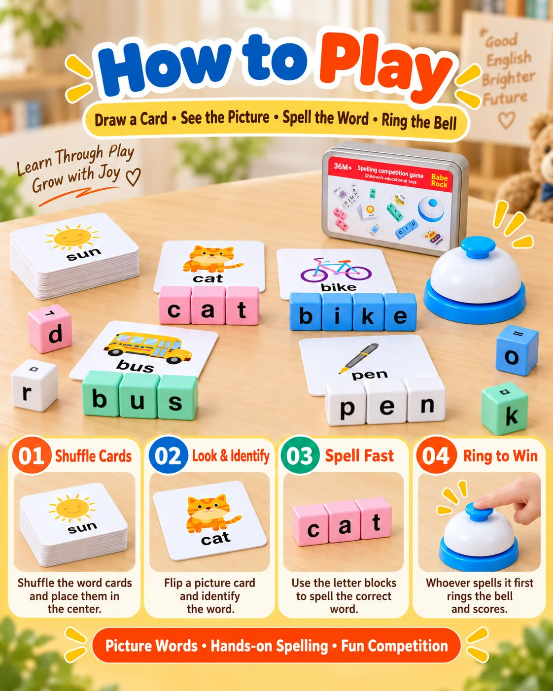 Wooden Alphabet Word Spelling Game with Flash Cards