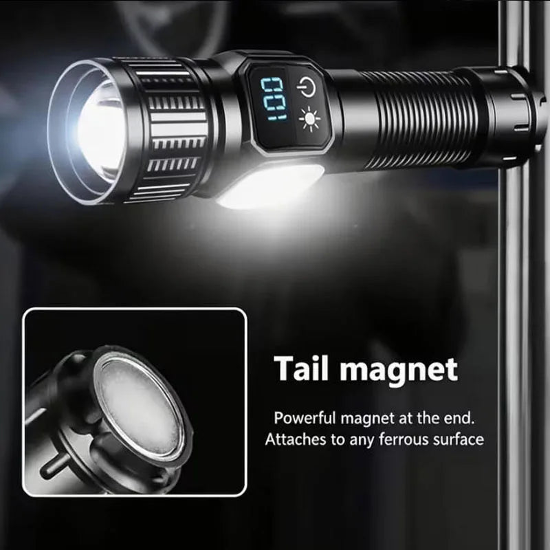Rechargeable LED Flashlight With Magnetic Base COB Light Zoom And Power Display