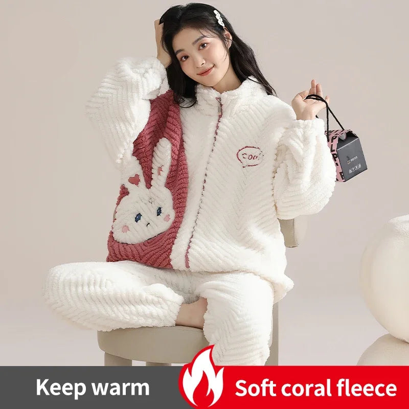 Women’s Winter Flannel Pajama Set – Warm Coral Fleece Loungewear with Cute Bunny Design