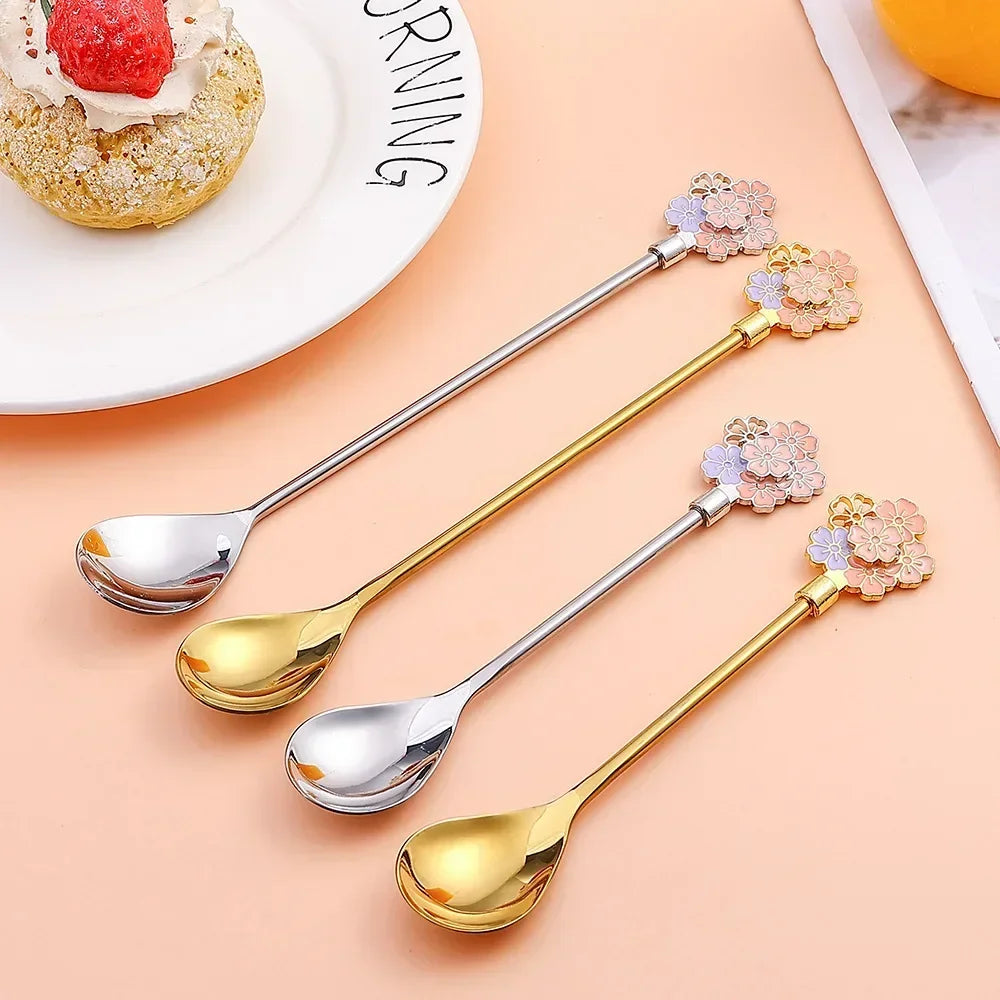 Colorful Cherry Spoons Long Handle Dessert Spoon 304 Stainless Steel Petal Teaspoons Catoon Blossom Star Fish Shape Home Decor