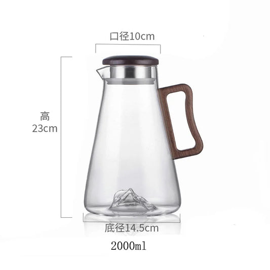 Large Capacity 2000ml Glass Water Jug with Wooden Handle and Filter Lid