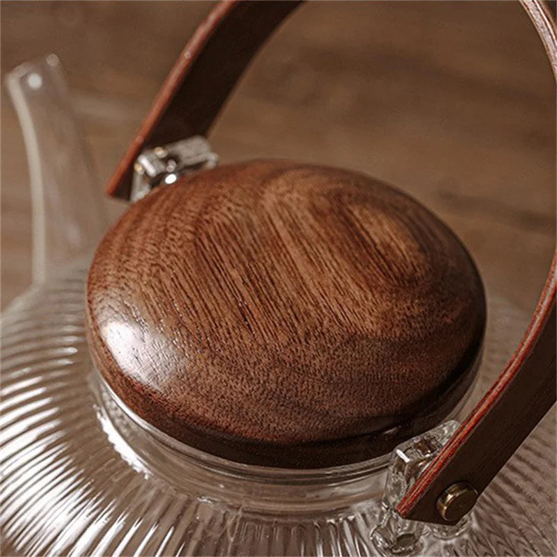 800ml Vertical Stripes Glass Teapot with Wooden Beam Handle and Tea Infuser
