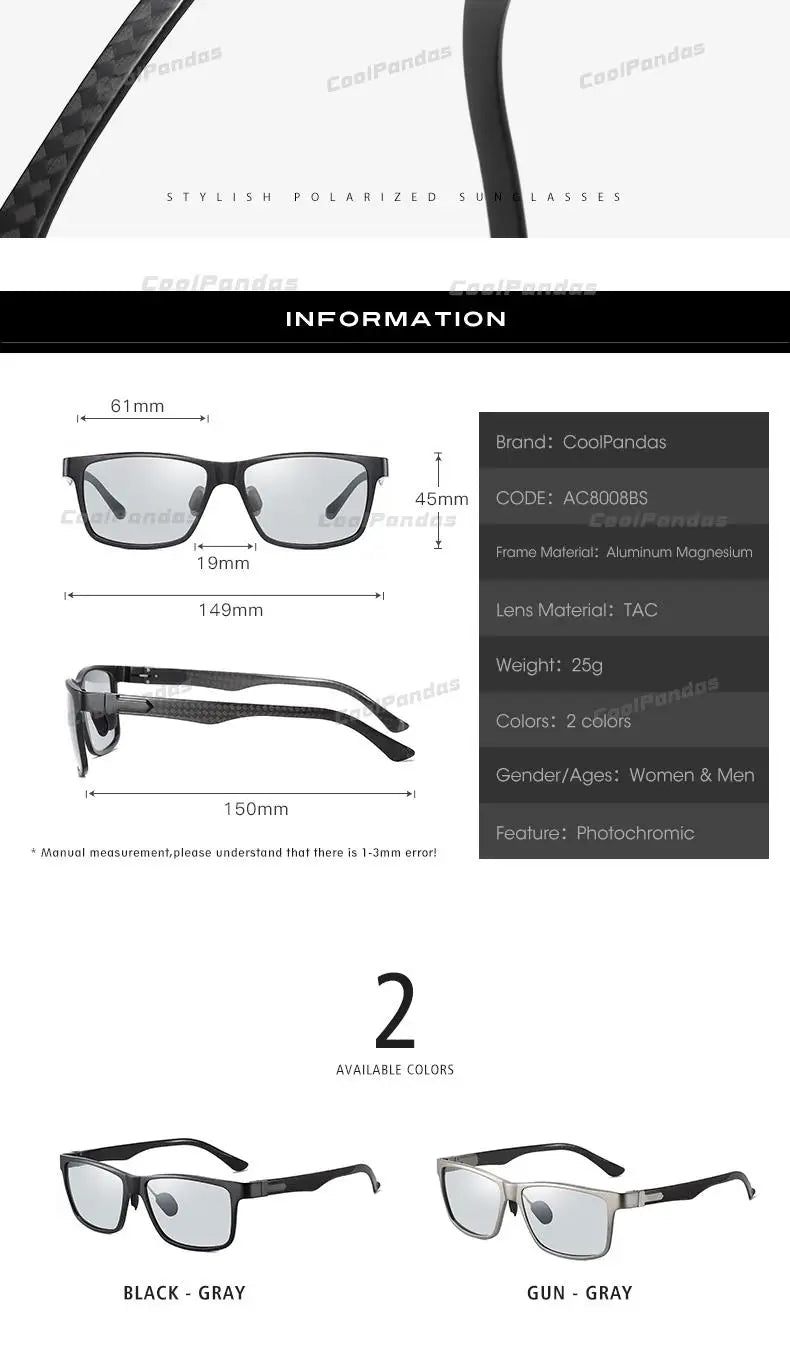 Carbon Fiber Square Photochromic Polarized UV400 Day Night Driving Sunglasses for Men Women