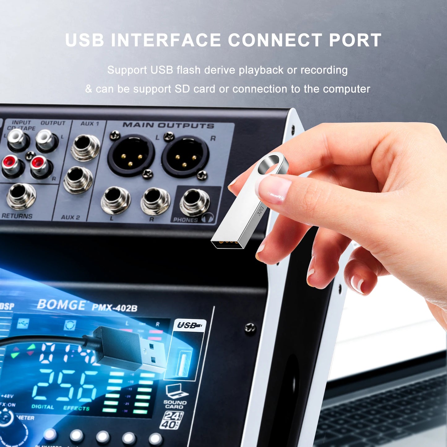 Professional 4 Channel Audio Mixer with Bluetooth and 256 Reverb Effects