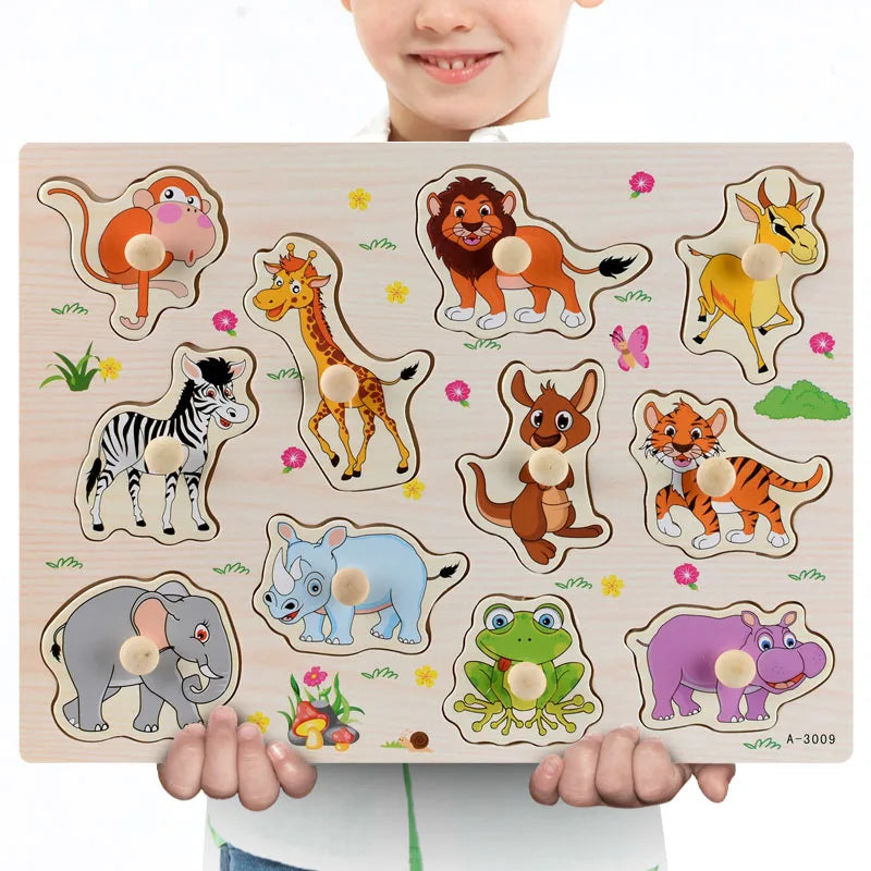 Montessori Wooden Puzzles Hand Grab Boards Toys Tangram Jigsaw  Educational Toys Cartoon Vehicle Animals Fruits 3D Puzzles