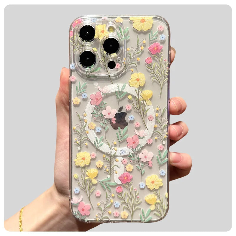 Transparent Clear MagSafe Magnetic Floral Flower Case for iPhone 16 14 15 Pro Max 15 Plus – Wireless Charging Shockproof Cover