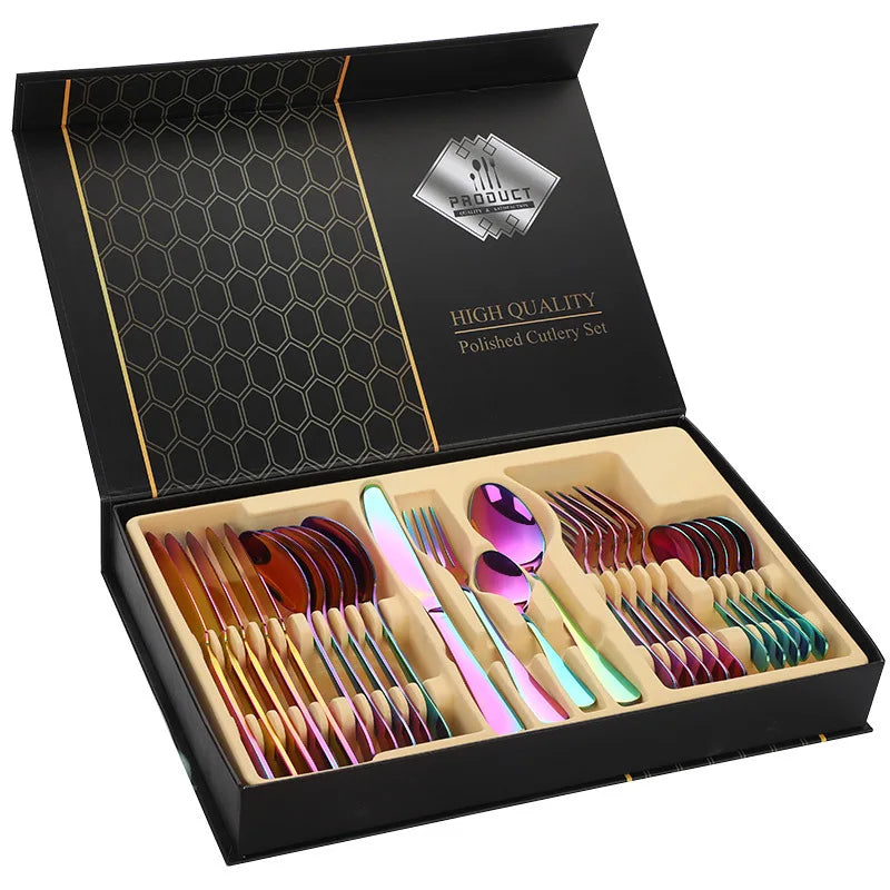 24pcs Golden Tableware Set Light Luxury Stainless Steel Cutlery Fork Knife Spoon Dinnerware Set Minimalist Decor with Gift Box