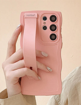 Curly Wave Wrist Strap Holder Bracket Stand Phone Case For Samsung S24 S23 S22 S21 Ultra Plus Candy Color Soft Silicone Cover