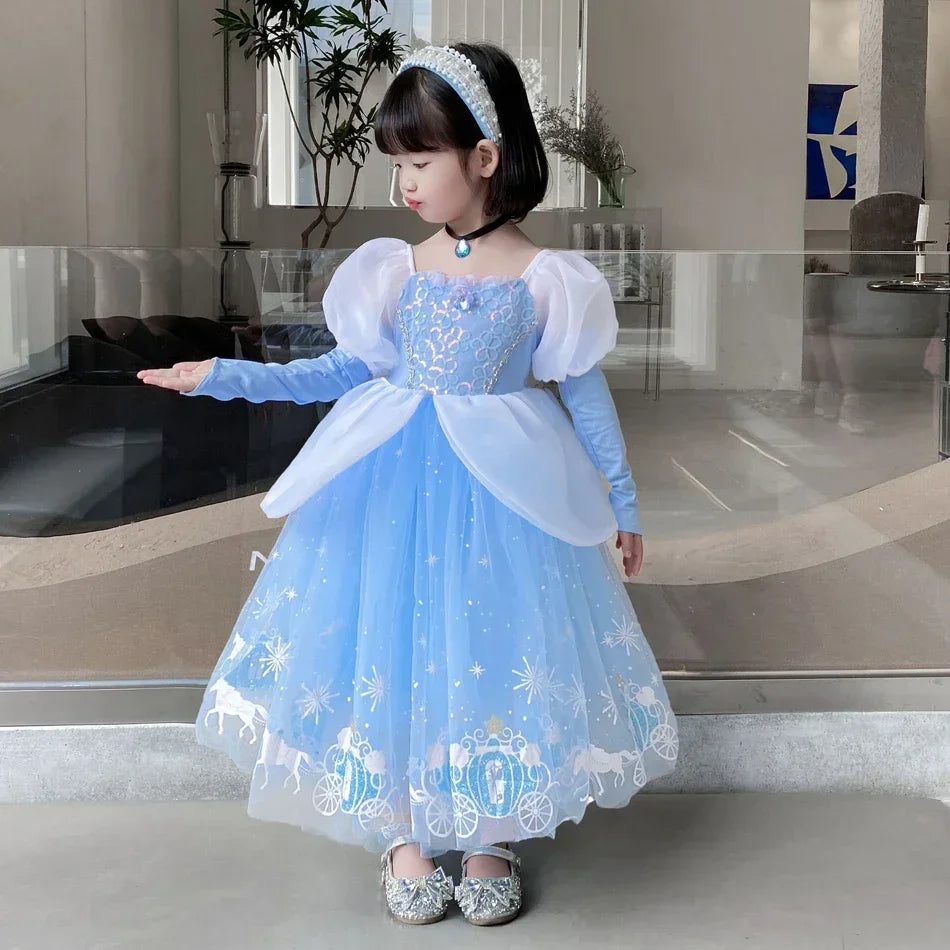 Cinderella Princess Cosplay Dress for Girl Kids Ball Gown Sequin Carnival TUTU Puff Mesh Clothing for Birthday Gift Summer Dress