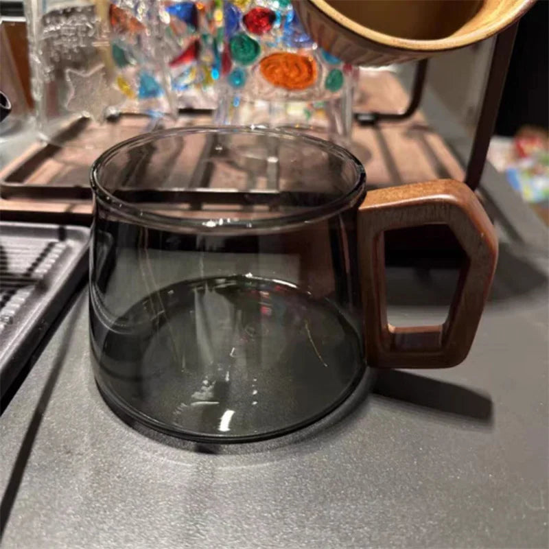 320ml American Latte Heat-resistant Glass Coffee Mug With Wooden Tray Spoon Milk Tea Cup Fresh Ground Cup Barista Cafe Access