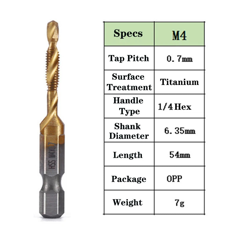 1pcs Hex Shank Titanium Plated HSS Screw Thread Metric Tap Drill Bits Screw Machine Compound Tap M3 M4 M5 M6 M8 M10 Hand Tools