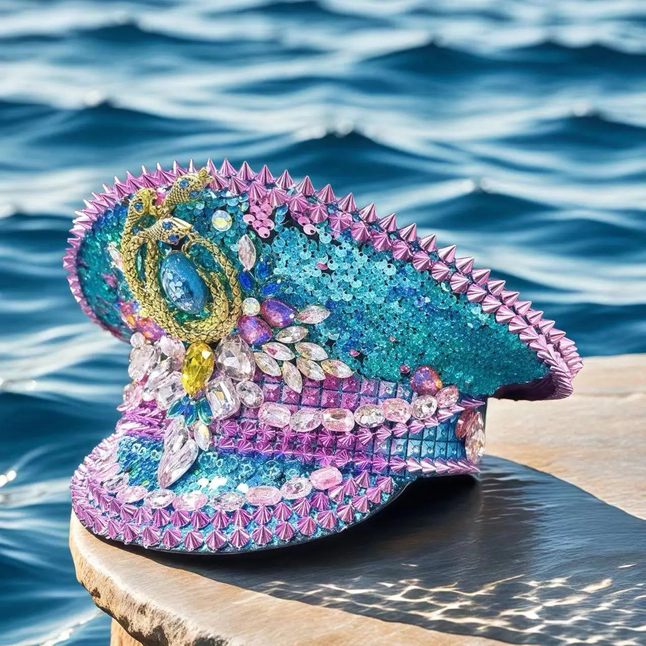 Bling Captain Hat Rhinestone Captains Hat for Men Handmade Steampunk Hat Burning Man Ramadan Masquerade HongLuan Summer Cap