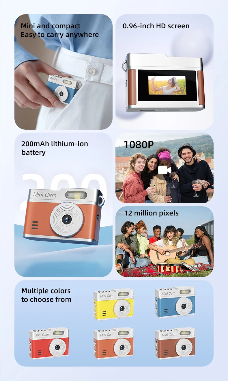 1080P Pocket Action Camera Portable with LED Retro Camera Outdoor Bodycam Mini Keychain Digital Cam 0.96-inch HD Video Recorder