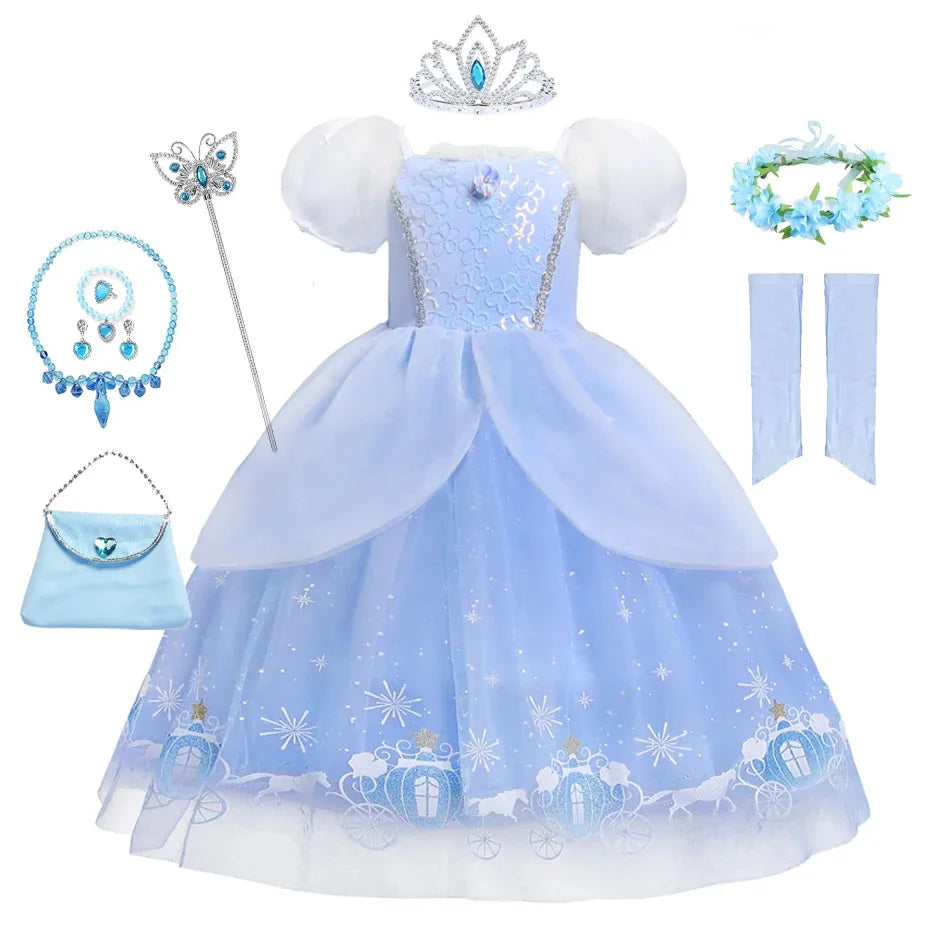 Cinderella Princess Cosplay Dress for Girl Kids Ball Gown Sequin Carnival TUTU Puff Mesh Clothing for Birthday Gift Summer Dress