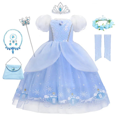 Cinderella Princess Cosplay Dress for Girl Kids Ball Gown Sequin Carnival TUTU Puff Mesh Clothing for Birthday Gift Summer Dress