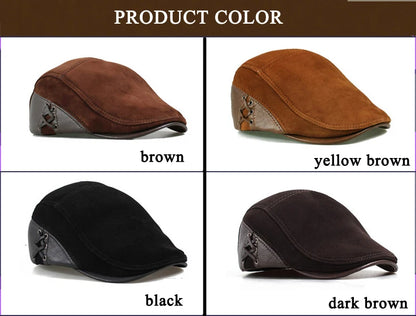 European Style Genuine Leather Caps Beret Man Casual Sheepskin Suede Fitted Duckbill Hats Male