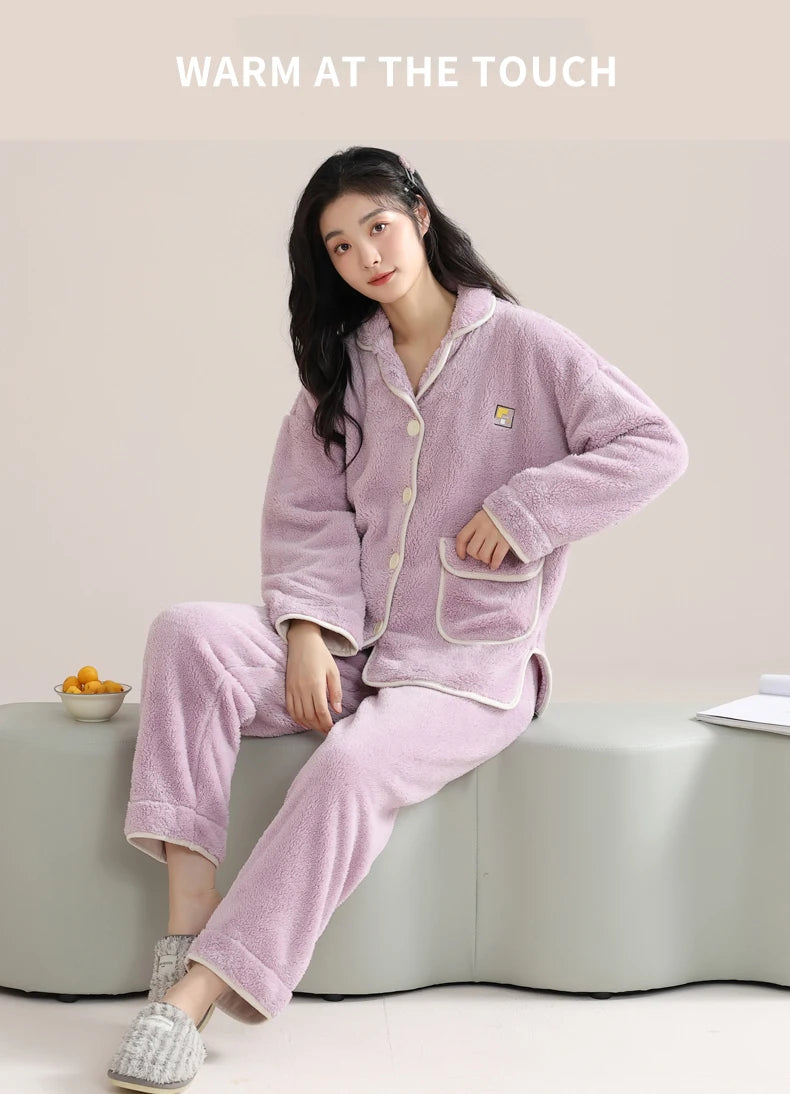 Women’s Christmas Fleece Pajama Set – Warm Flannel Zipper Sleepwear, Thick Coral Velvet