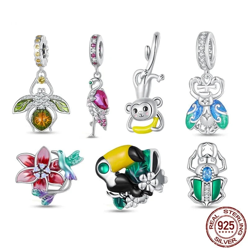 925 Sterling Silver Monkey Toucan Bird Charm Beetle Pendant Rainbow Beads