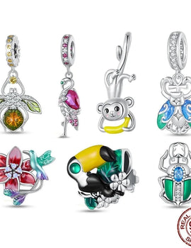 925 Sterling Silver Monkey Toucan Bird Charm Beetle Pendant Rainbow Beads