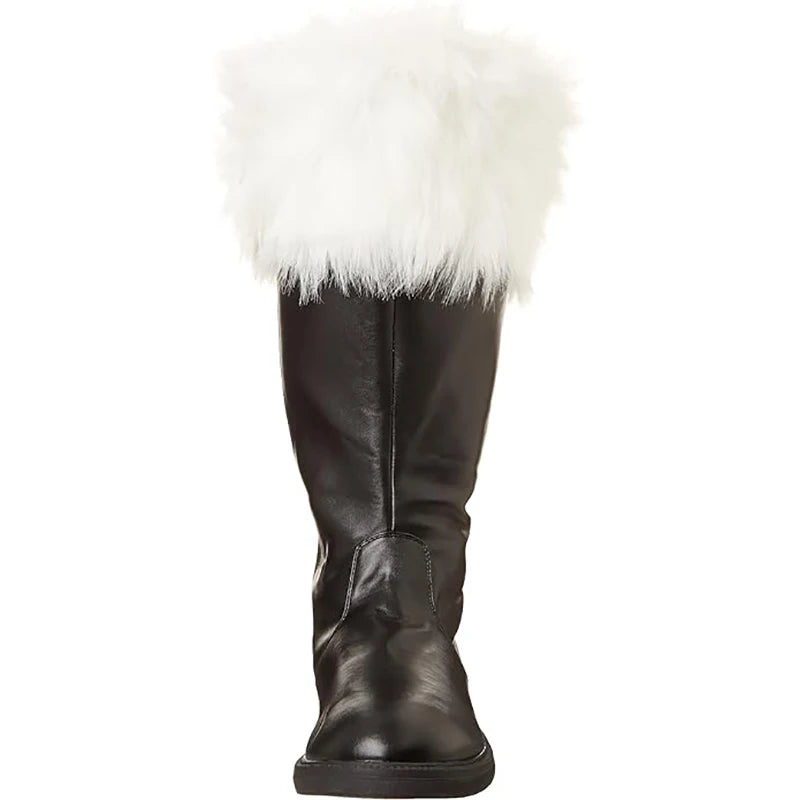 Christmas Santa Claus Boots Cosplay Black Leather Shoes White Plush Cuff Shoes Halloween Christmas Suitable For Men And Women