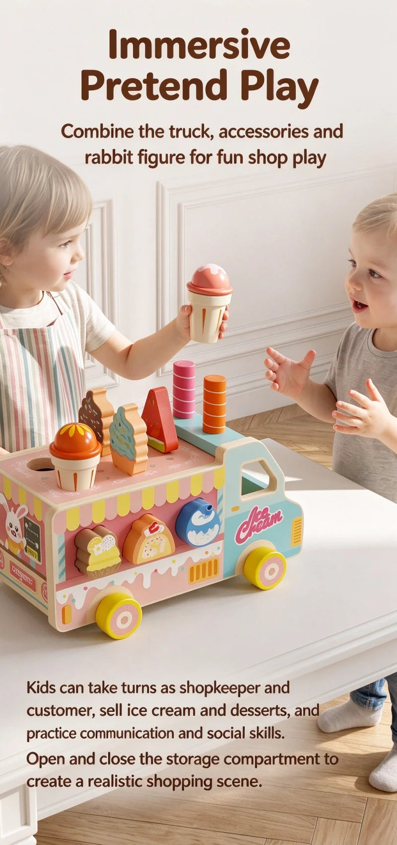 Wooden Rabbit Ice Cream Truck Shape Sorter and Pretend Play Toy