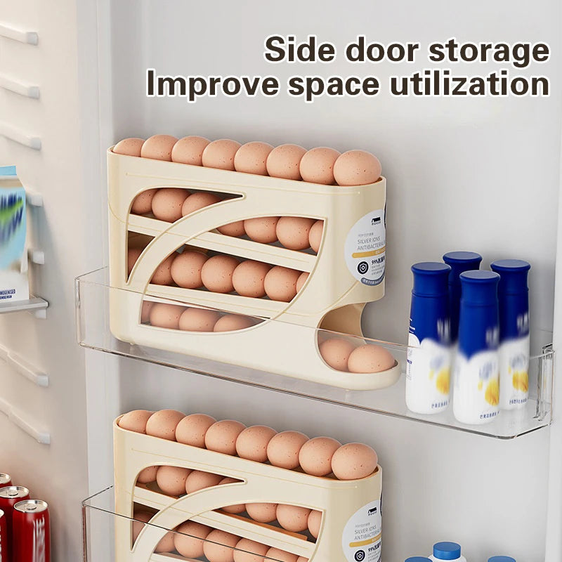 4-Layer Automatic Rolling Egg Holder Rack – Refrigerator Egg Storage Box Kitchen Organizer