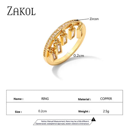 Rectangle Zirconia Tassel Rings for Women Personality Gold Color Pendant Finger Ring