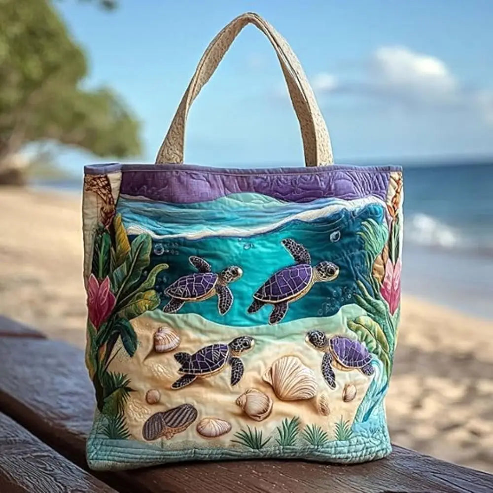 Turtle Print Quilted Canvas Tote Bag Large Capacity Shoulder Handbag