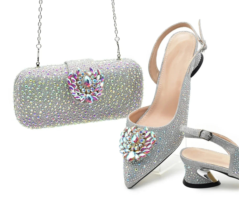 New Italian Shoes and Bags Matching Set Luxury Designer Pumps Women Full Rhinestone Designer Shoe and Bag Sets From Italy